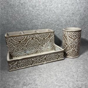 Desk Organizer Pencil Pen Holder Bathroom Vanity Washed Patina Gold Finish Heavy